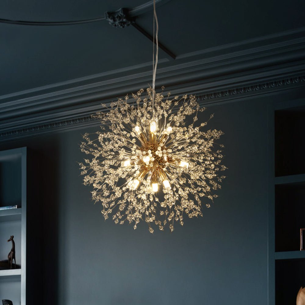 Delphine firework crystal chandelier – against a dark teal wall