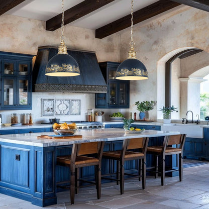 Marisol painted dome pendant – in navy over a kitchen island