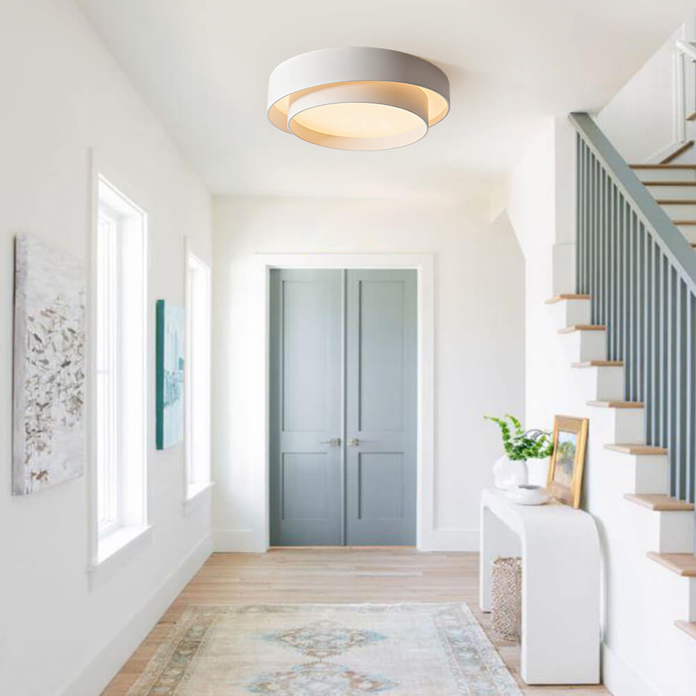 Aurora white ring LED ceiling light in a hallway with stairs