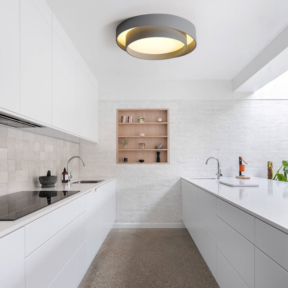 Aurora ring LED ceiling light in a white kitchen