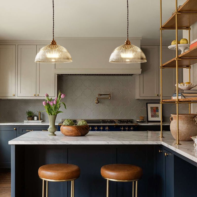 Eleonora ribbed glass pendant light – two over a kitchen island