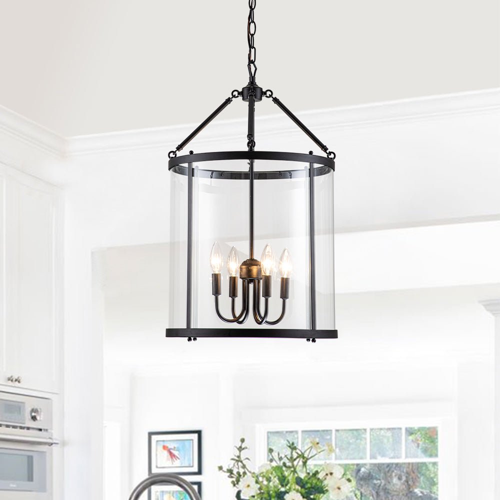 Tristan glass lantern chandelier – in black in a bright room