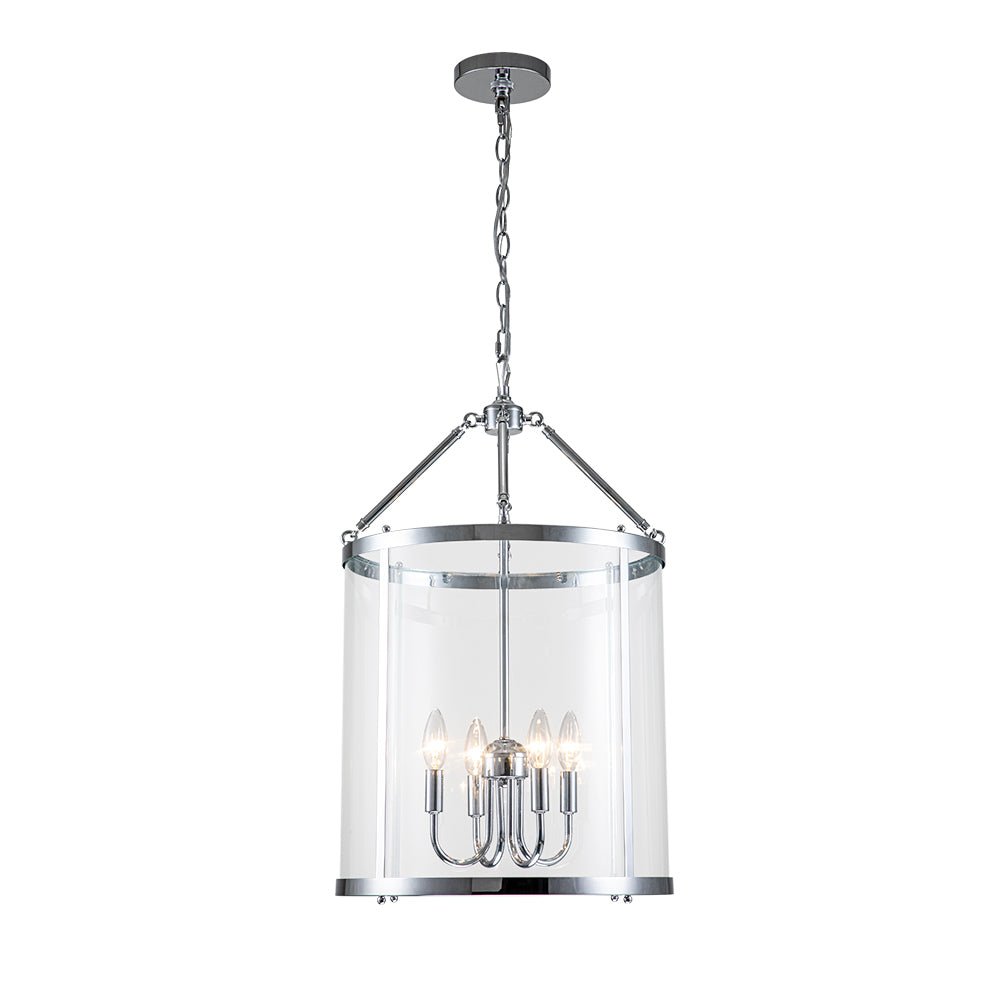 Tristan glass lantern chandelier – in chrome on white, alternate view