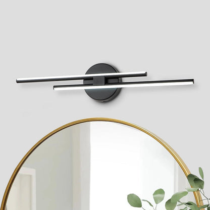 Cosimo linear LED vanity light – in black above a round mirror