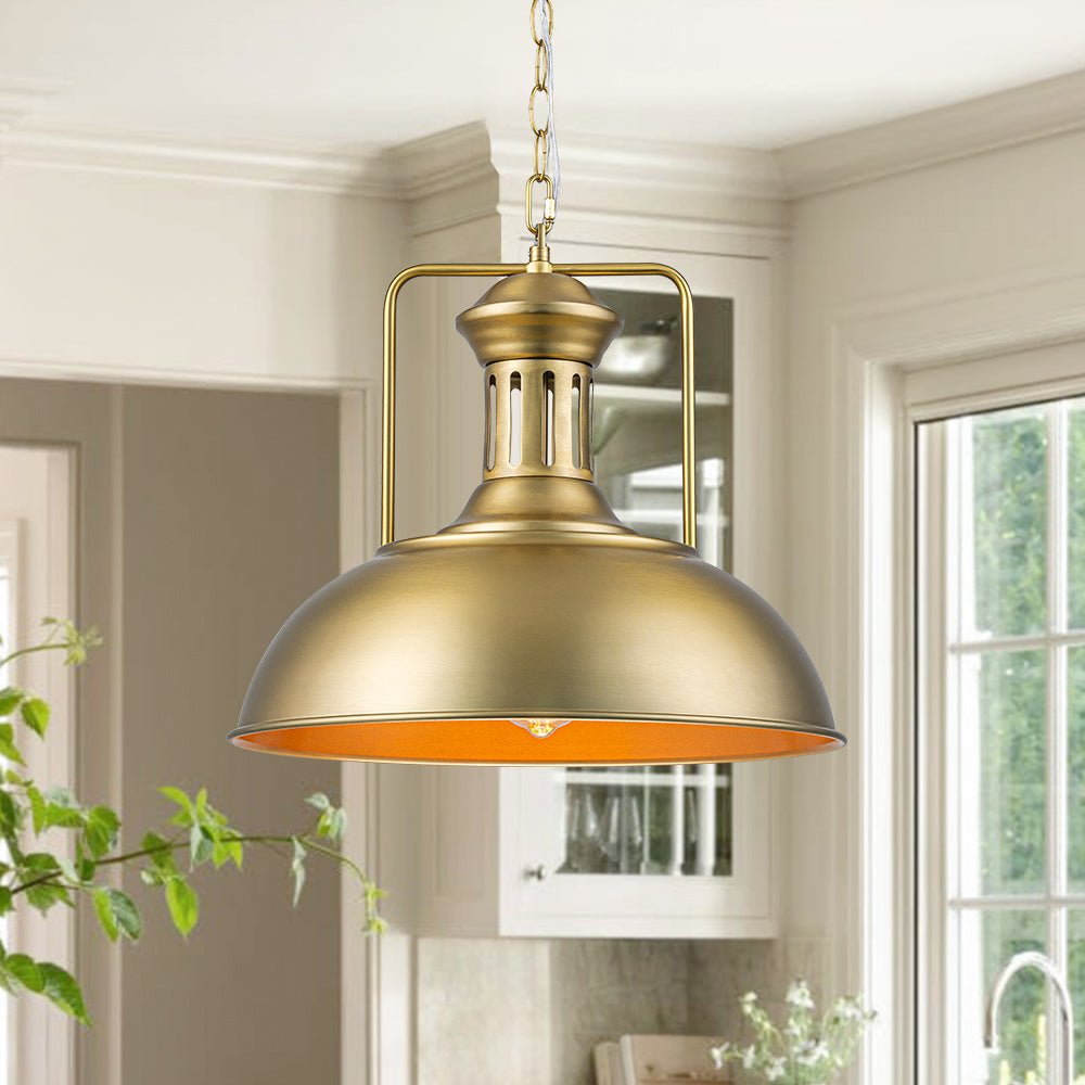Leopold metal dome pendant light – in gold in a bright kitchen