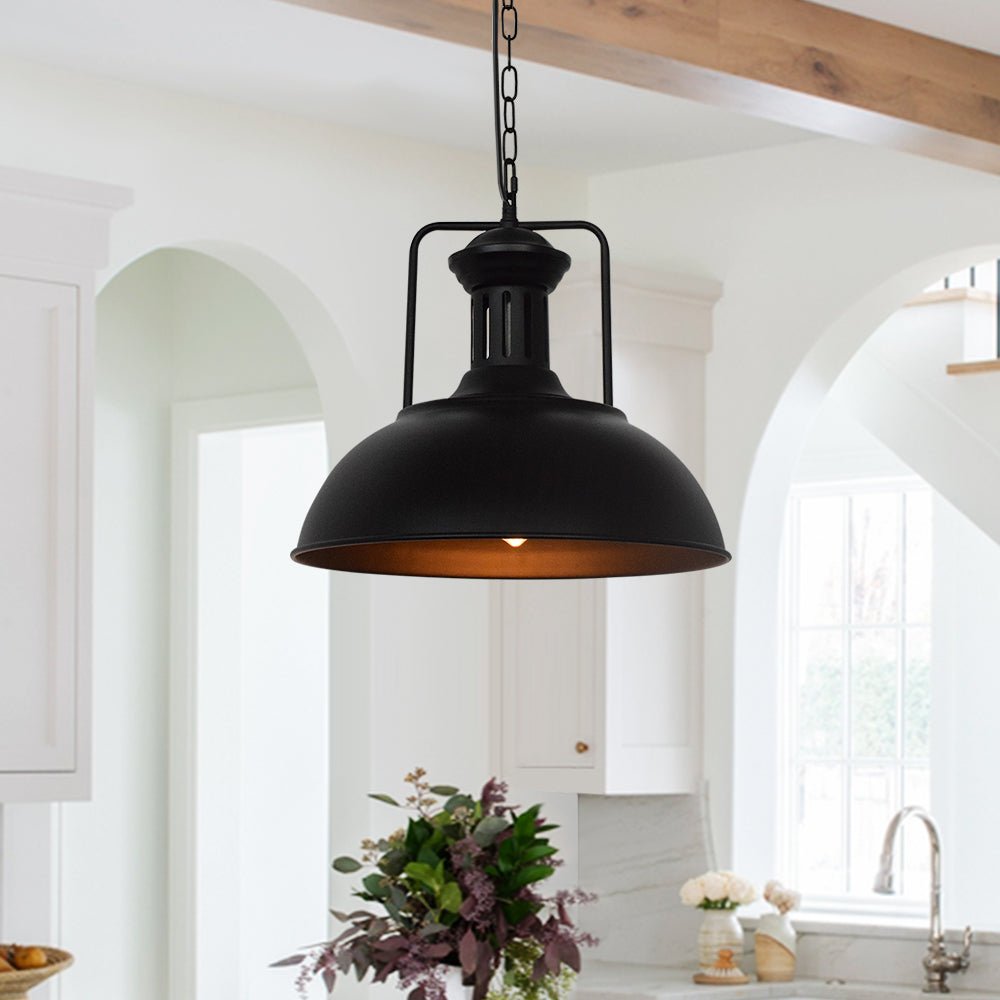 Leopold metal dome pendant light – in bronze in a bright kitchen