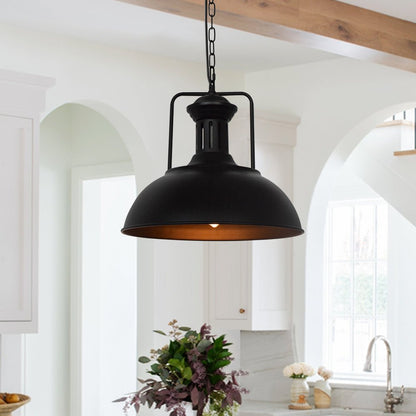 Leopold metal dome pendant light – in bronze in a bright kitchen