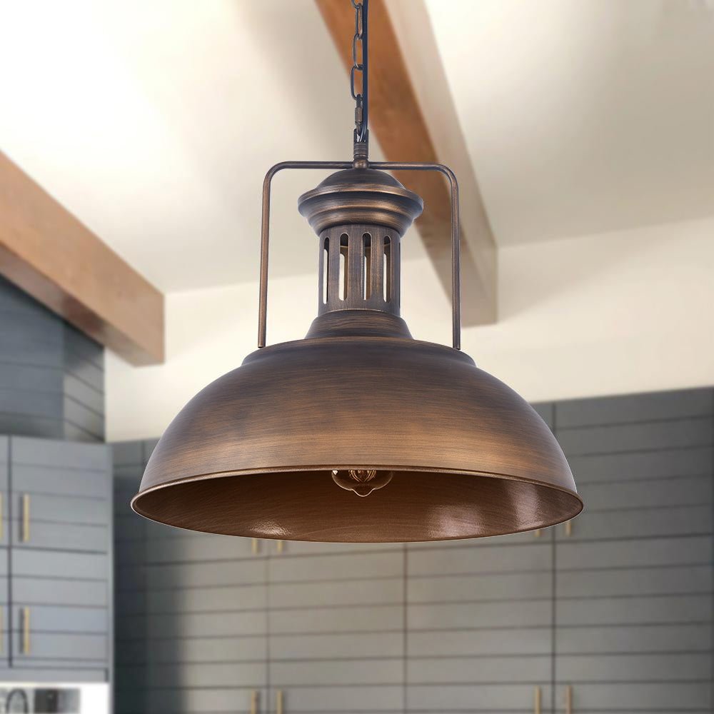 Leopold metal dome pendant light – in bronze with a wooden beam