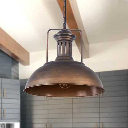 Leopold metal dome pendant light – in bronze with a wooden beam