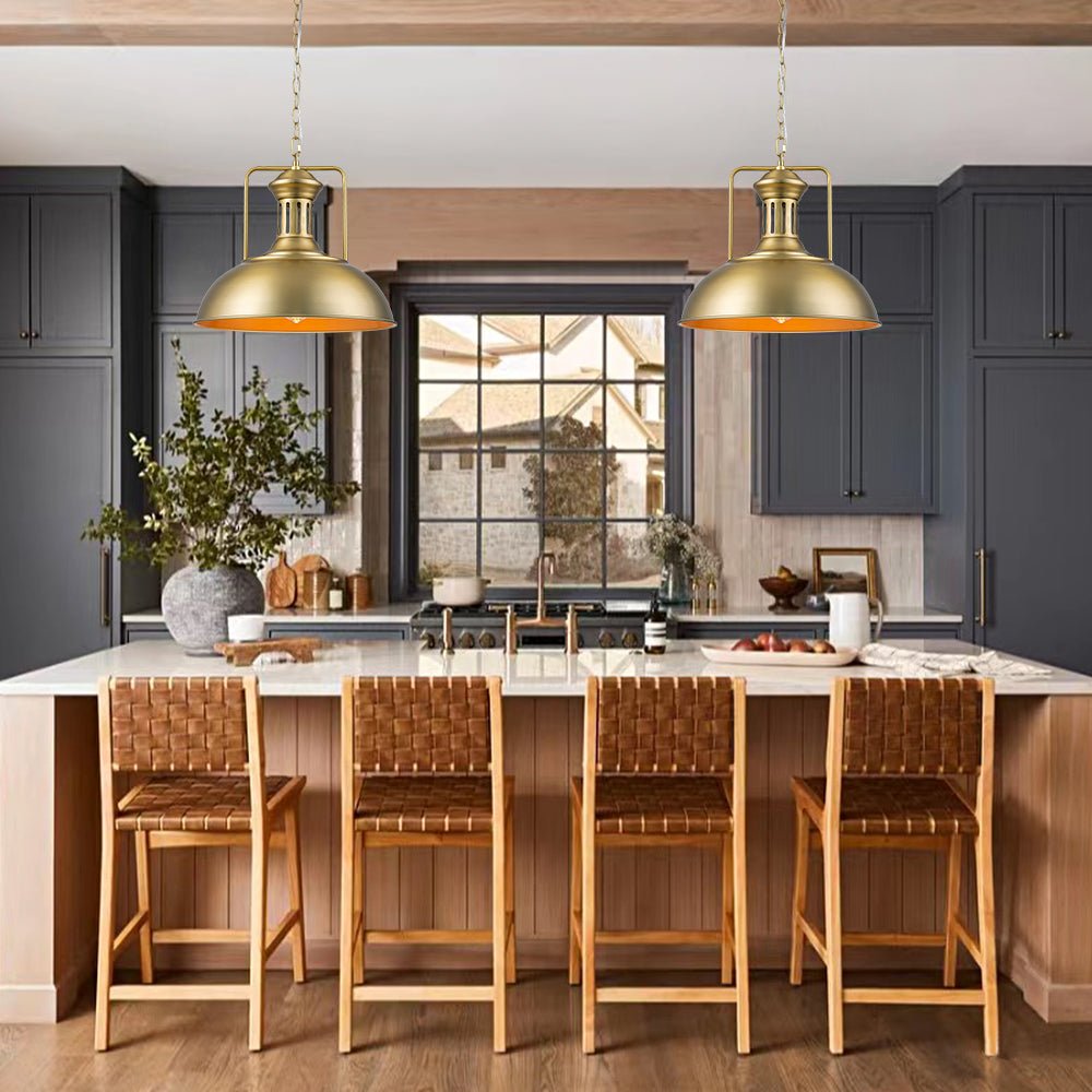Leopold metal dome pendant light – two in gold over a kitchen island