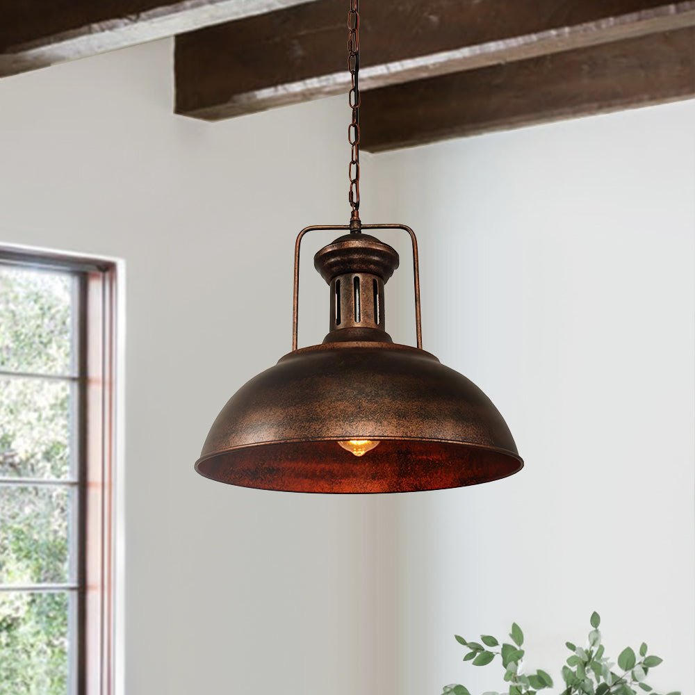 Leopold metal dome pendant light – in rustic finish by a window