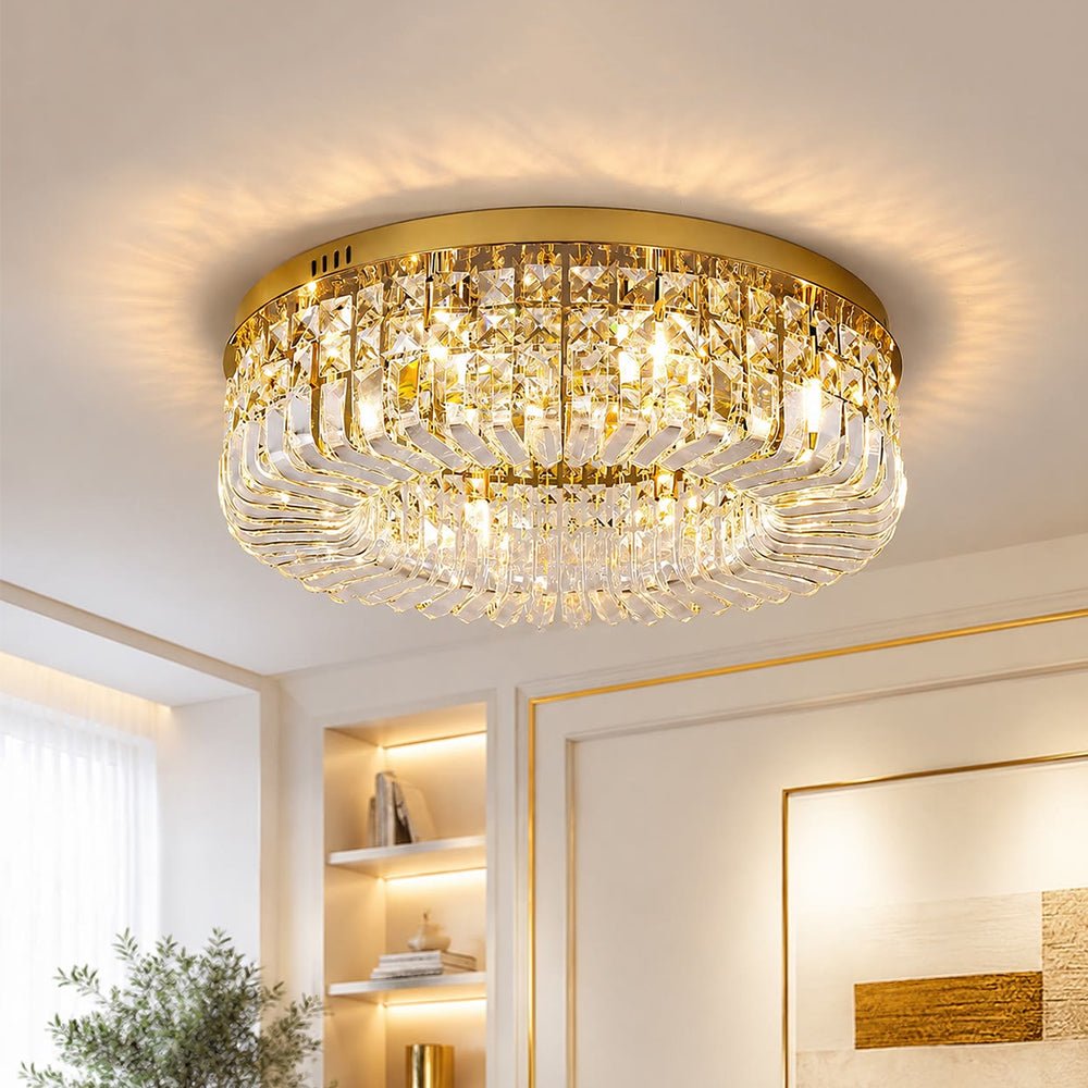 Celestine round crystal ceiling light – in gold in a bright living room