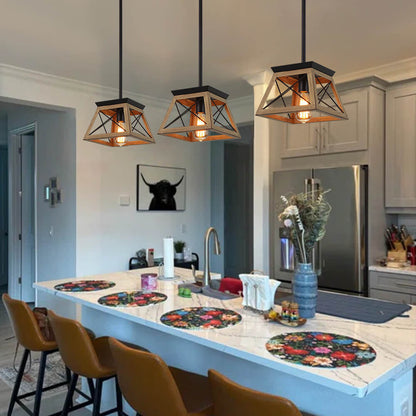 Horatio square cage pendant light – three over a kitchen island with bar stools