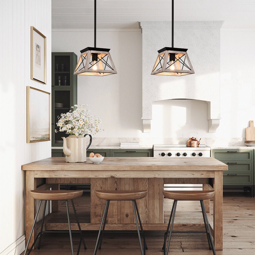 Horatio square cage pendant light – two brown over a rustic island