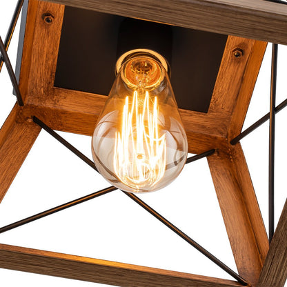 Horatio square cage pendant light – brown frame and bulb close-up