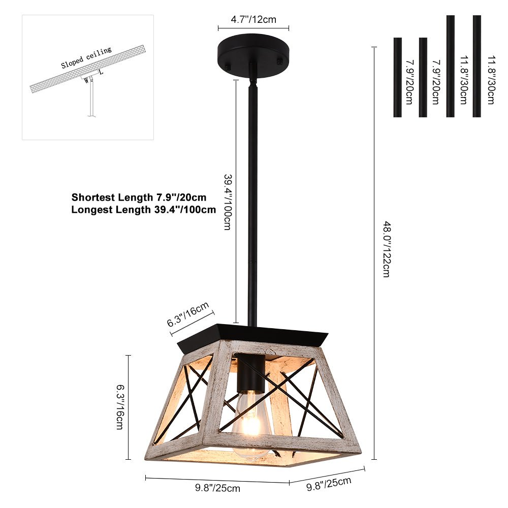 Horatio square cage pendant light – size diagram with adjustable rods