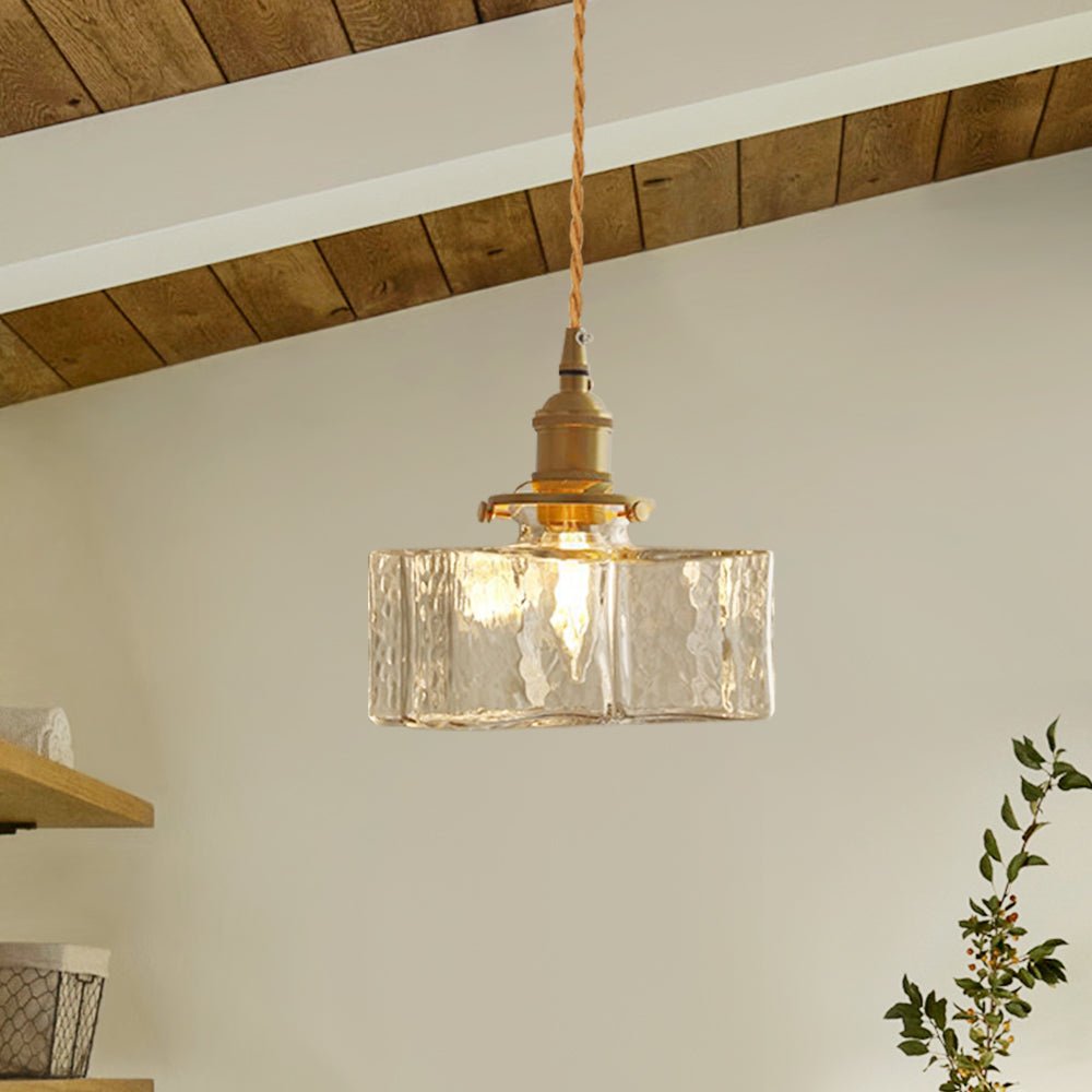 Odette square rippled glass pendant – style B by a window with beams