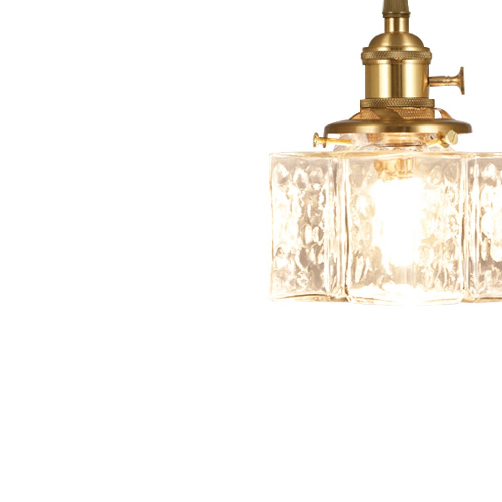 Odette square rippled glass pendant – lit shade close-up, alternate view