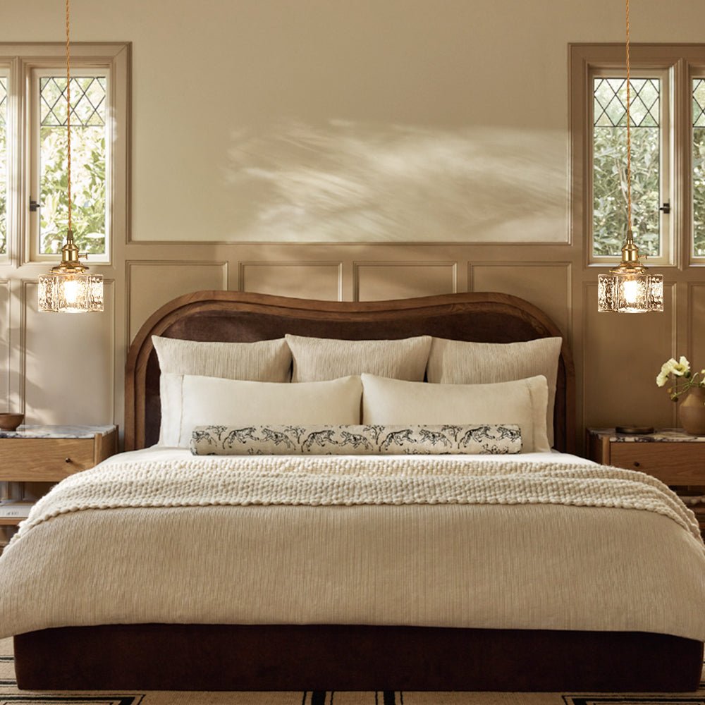 Odette square rippled glass pendant – in a bedroom