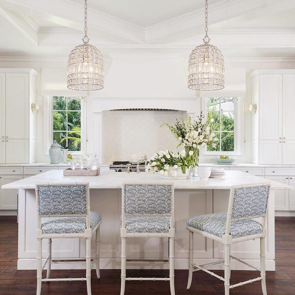 Cordelia birdcage pendant – two over a white kitchen island