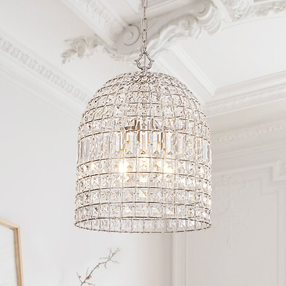 Cordelia birdcage pendant – in a bright room with a ceiling medallion