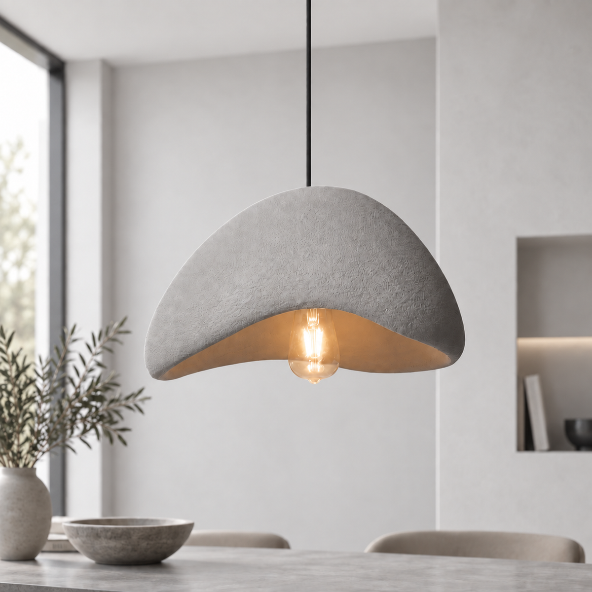 Sabien pendant light with a grey shade hanging in a bright pale interior