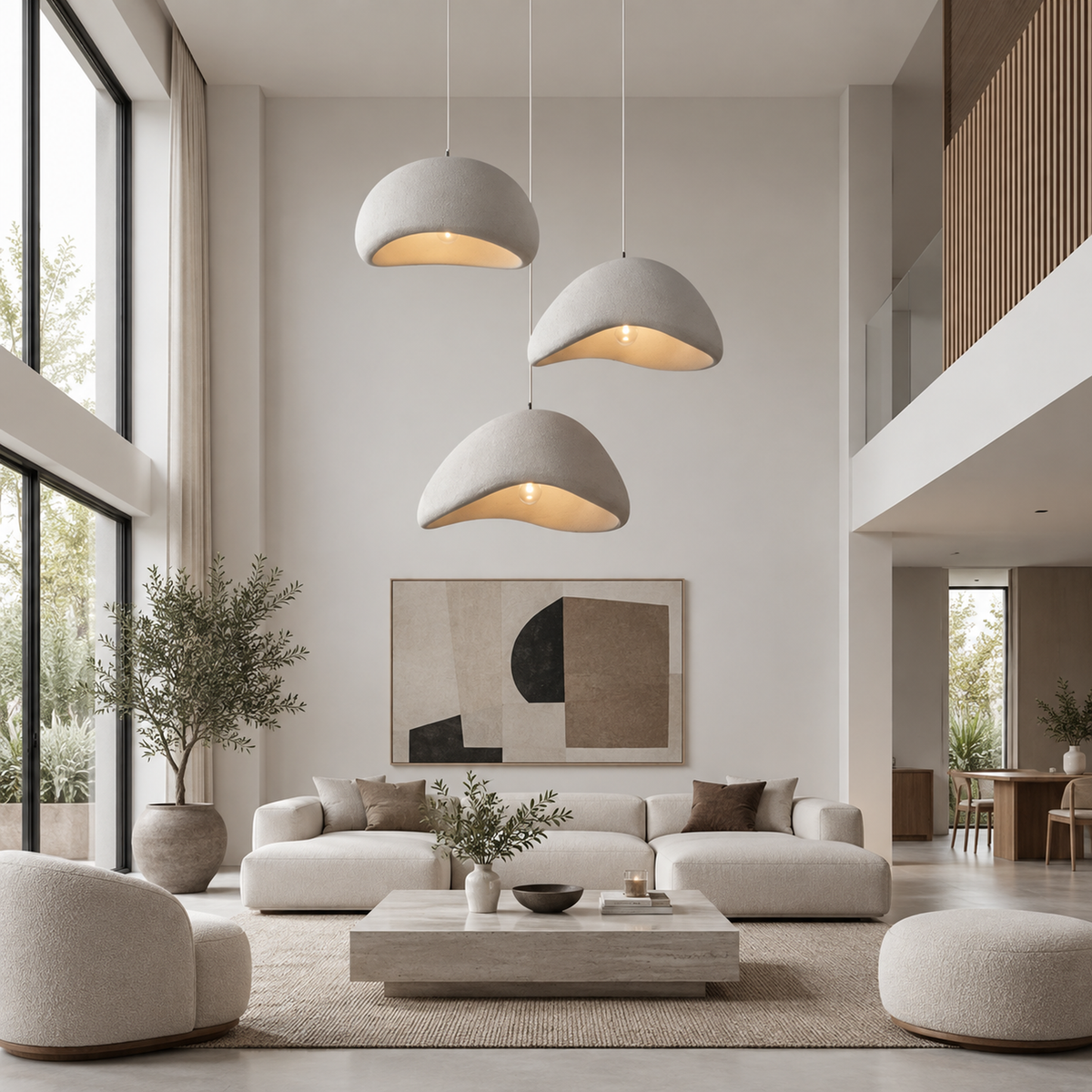 Three grey Sabien pendant lights hung at staggered heights above a sofa in a double height living room